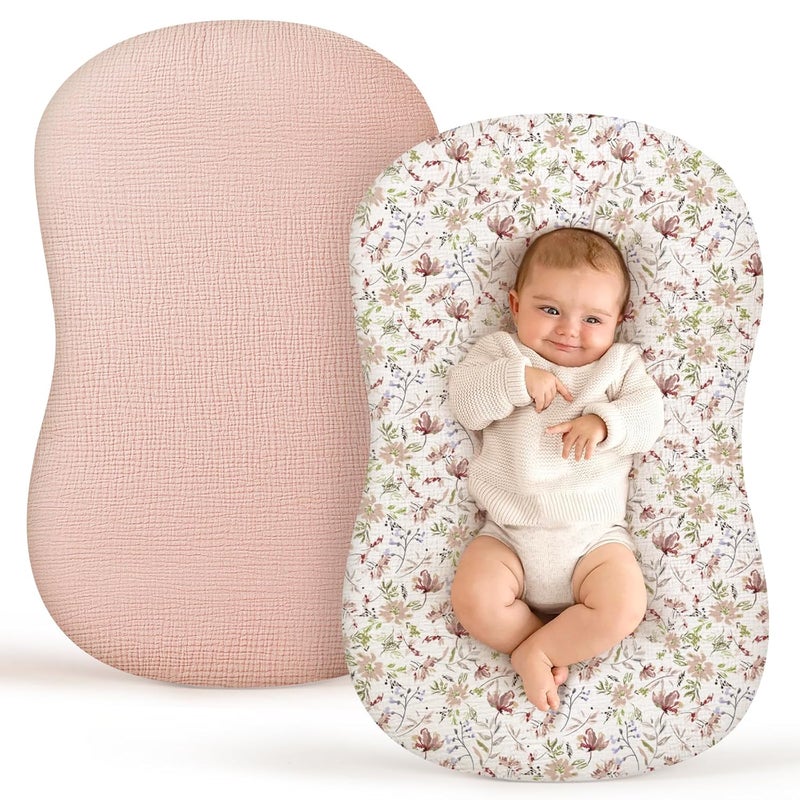 Termichy Baby Lounger Covers Muslin: Soft and Breathable Slipcover for Snuggle Me Lounger - Machine Washable & Zipper-Free for Safe Daily Use - Pink Floral for Girls - Image 1